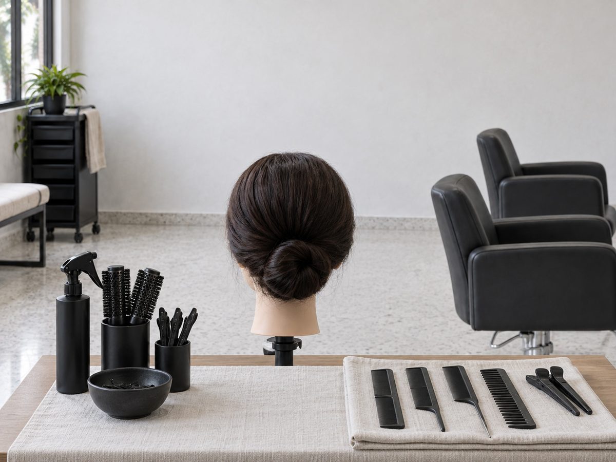 පිටුපසින් පේන mannequin හිසක් සහ කළු comb පේළියක් තියෙන, ජා-ඇල එළියේ හිස් ඉගැන්වීමේ මේසයක්