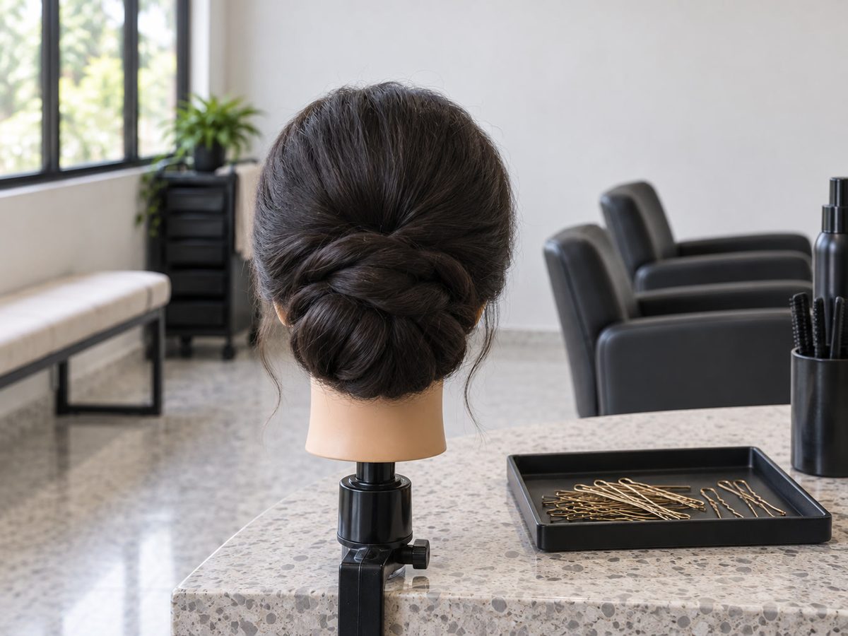 පිටුපසින් පේන mannequin හිසක bridal bun එකක්, රන් pin tray එකක් — මූණක් නැහැ