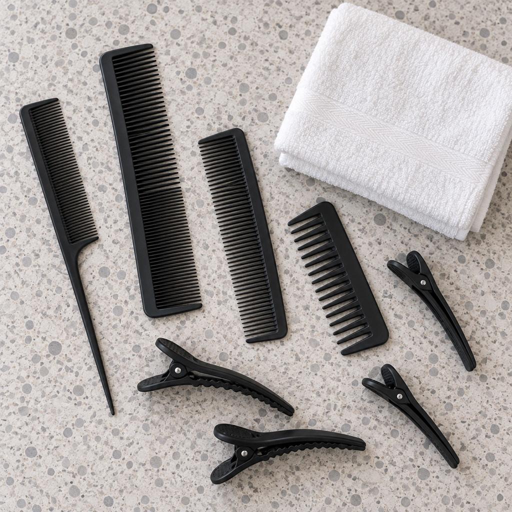 ඉගැන්වීමේ මේසයක කළු comb, clip සහ සුදු towel එකක්, උඩින්