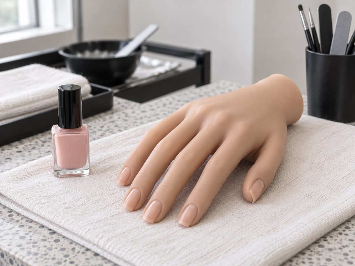 Linen මත nails පුහුණුව, හිස් label එකක් තියෙන blush බෝතලයක්