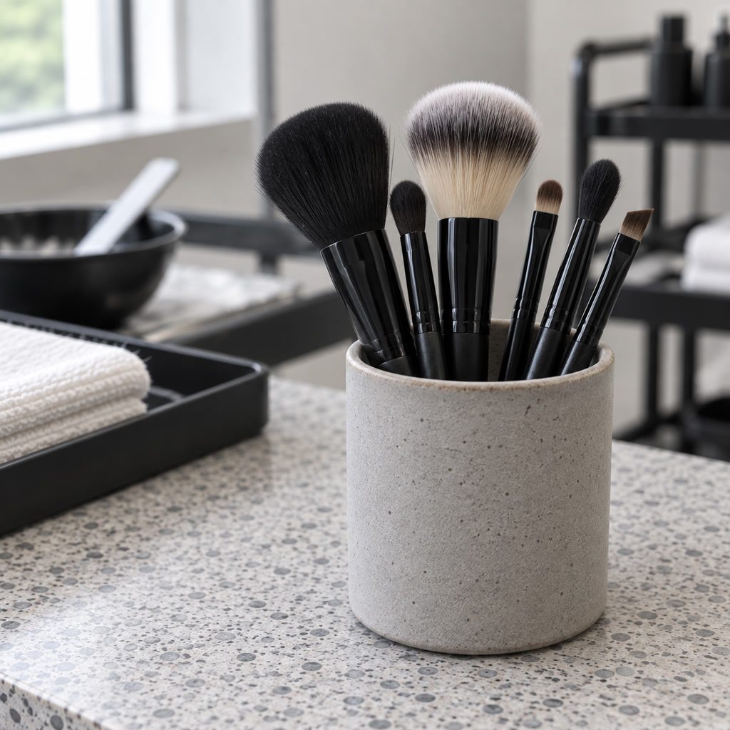 අළු worktop එකක ceramic කෝප්පයක makeup brushes